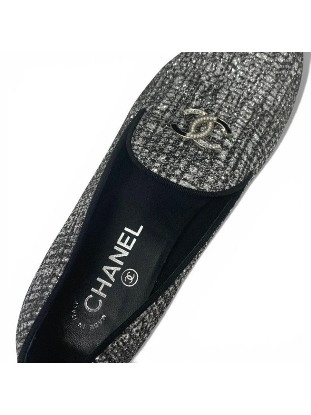 Chanel Flat Shoes Fabric Leather Silver Black Opera CC Logo - Picture 7 of 10